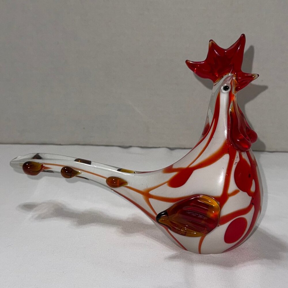 Murano Style Handblown Glass Rooster Figurine Art Glass Red & White #4042